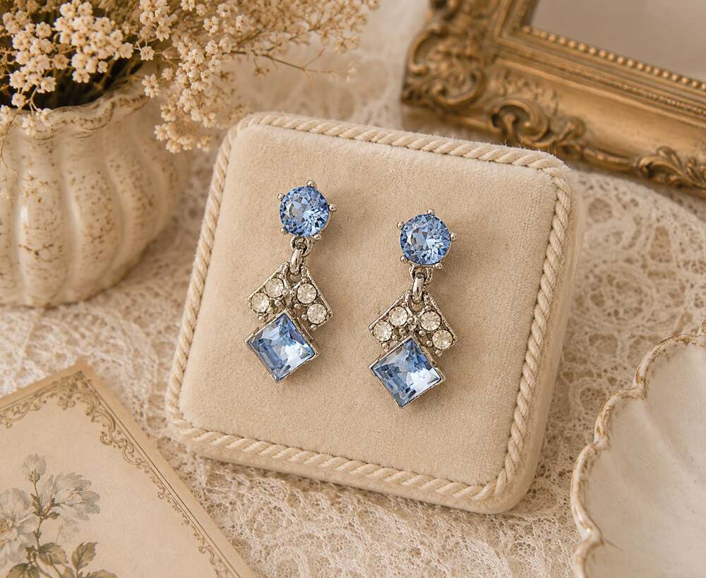 Vintage Bogoff Blue and Clear Rhinestone Drop Clip-On Earrings